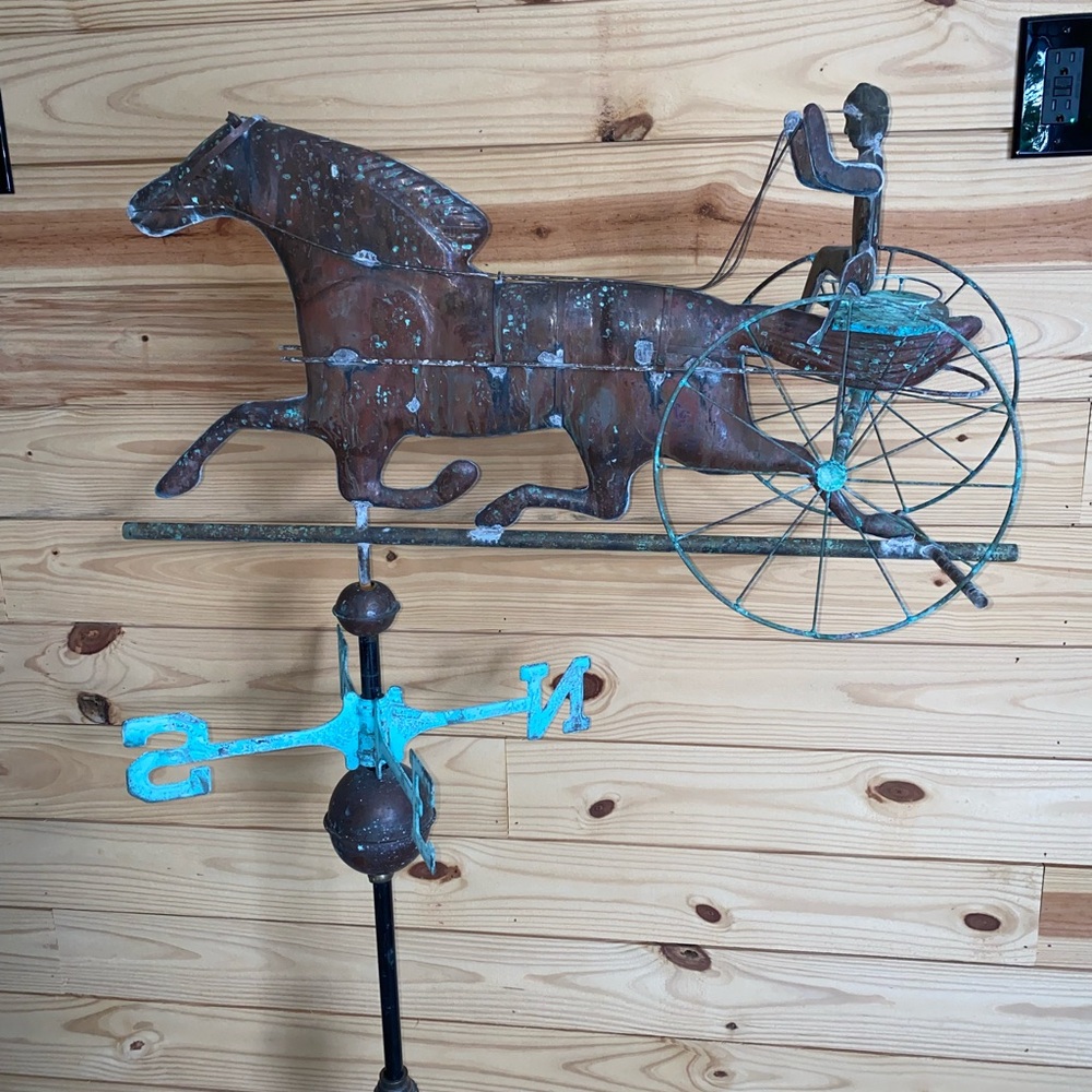 Antique 32" Copper Horse & Sulky Weathervane w/ Jockey & Directionals